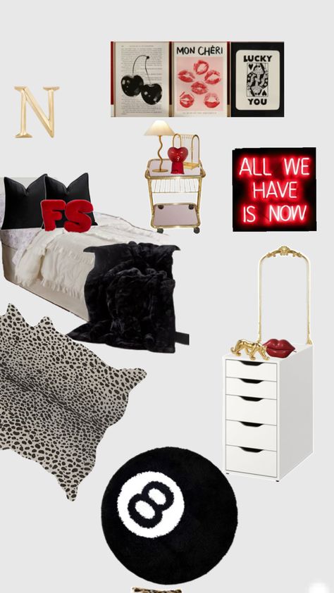 Dorm Black And White, Black White And Gold Room Decor, Black White And Red Bedroom, Fashion Bedroom Ideas, Black And White Room Aesthetic, Black White And Gold Bedroom, Dream Teen Bedrooms, Classy Rooms, Bedroom Red