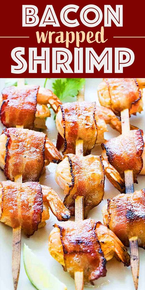 Bacon-wrapped shrimp! Ridiculously good, grilled or roasted in the oven, and seasoned with chili and lime. Two tricks ensure crispy bacon without overcooking the shrimp. Perfect for your next backyard BBQ! #Bacon #Shrimp #Grilling #Appetizer #simplyrecipes Kabobs Recipes, Bacon Wrap Shrimp Recipes, Bacon Shrimp, Asparagus Risotto, Wrapped Shrimp, Snack Dinner, Bacon Wrapped Shrimp, Grilled Foods, Cooked Shrimp