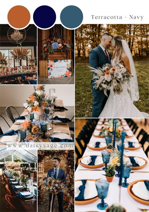 12 Best Terracotta Wedding Color Theme Ideas 2024 - Daisy Sage 2024 Wedding Colors Fall, Weddings With Blue Color Schemes, Blue And Orange Wedding Table Settings, Blue White And Terracotta Wedding, Orange And Blue Wedding Colors Colour Palettes, Light Blue Terracotta Wedding, Burnt Sienna And Dusty Blue Wedding, Navy Summer Wedding Color Schemes, Wedding Color Schemes March