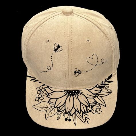 Sunflower Baseball Hat Burning Design, Ball Cap Burning Pattern, Traceable Pyrography Template, Summer Flowers and Bees, Digital Download - Etsy Cricut Cap Ideas, Burning On Hats, Stencil For Hat Burning, Burnt Hat Design Ideas, Wood Burned Hats, Diy Baseball Hat, Hat Burning Ideas, Decorated Hats, Doodle Shoes