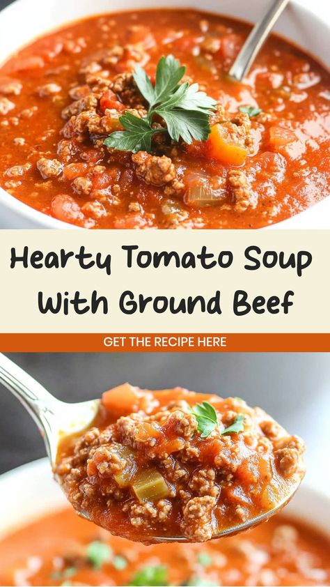 Indulge in a comforting and hearty bowl of tomato soup with ground beef for the perfect meal on a chilly day. This delicious homemade recipe is easy to make and packed with savory flavors that will warm you up from the inside out. It's the perfect dish to enjoy with your family or friends. Try making this flavorful tomato soup with tender ground beef for a satisfying and tasty twist on a classic favorite. Ground Beef And Fresh Tomato Recipes, Hamburger And Tomato Recipes, Tomato Beef Soup, Ground Beef Tomato Soup, Soups With Ground Beef, Beef Tomato Soup, Hearty Tomato Soup, Ground Beef Soup Recipes, Soup With Beef Broth