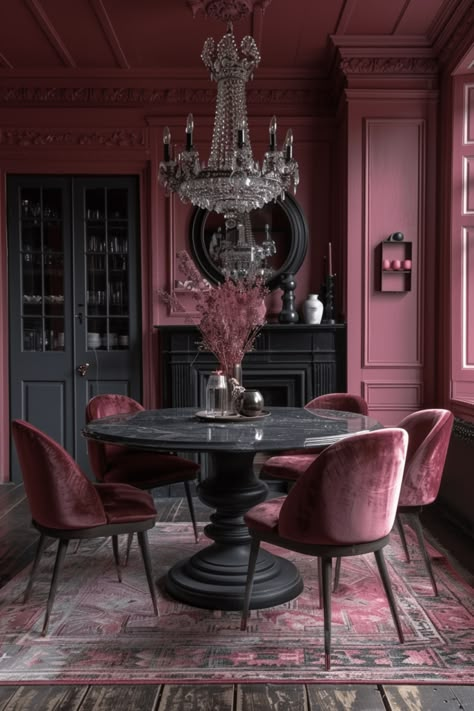 mauve dining room with mauve velvet chairs around a black round table Mauve Living Room, Color Drenching, Purple Dining Room, Dark Dining Room, Red Dining Room, Dark Home Decor, Dining Room Light Fixtures, Goth Home Decor, Style Deco