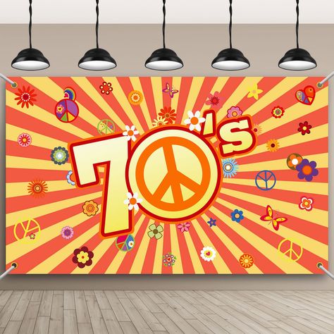 PRICES MAY VARY. Polyester You Will Get: This package includes 1 piece of 70s backdrop with the size of 180 x 110 cm/ 71 x 43 inch, along with 19.6 feet of rope for easy hanging Exquisite Design: the groovy backdrop features retro elements, such as daisy flowers, butterflies, peace signs, and more, with bright colors that add a sense of hippie to your party Simple to Install: the hippie background is equipped with 4 holes, making it easier for you to hang it by rope and suitable for indoor and o 70s Backdrop, Peace Sign Background, 1970s Party Theme, Groovy Party Decorations, 70s Themed Birthday Party, 70s Party Decorations, Hippie Background, Flower Peace Sign, 70s Party Theme