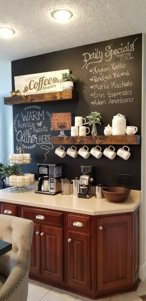 Chalkboard Coffee bar with Rae Dunn Coffee Bar With Chalkboard Wall, Chalkboard Coffee Bar, Coffee Bar Accent Wall Ideas, Church Coffee Bar Ideas, Bar Chalkboard Ideas, Bar Chalkboard, Chalkboard Coffee, Coin Café, Coffee Bar Station