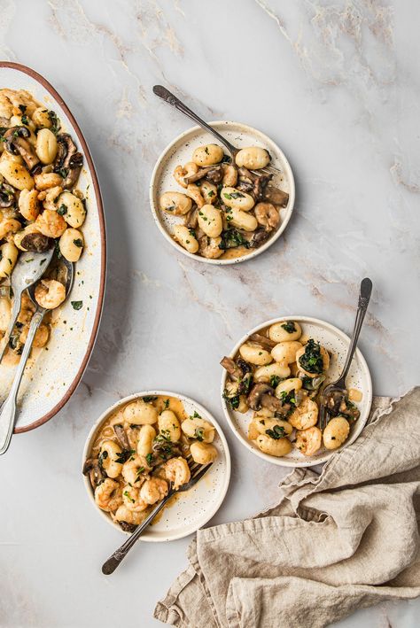 Creamy Coconut Milk Shrimp Gnocchi with Mushroom and Kale Gnocchi Recipes Dairy Free, Shrimp And Gnocchi, Shrimp Gnocchi, Coconut Milk Shrimp, Gnocchi Mushroom, Creamy Gnocchi, How To Cook Gnocchi, Pescatarian Recipes, Gnocchi Recipes