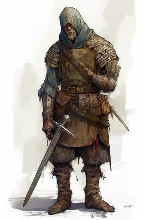 Bandit Character Art, Dnd Mercenary, Dnd Bandit, Medieval Adventurer, Mercenary Character Design, Warhammer Knight, Medieval Mercenary, Planes Characters, Creepy Vintage