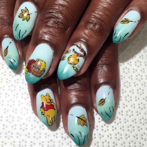 Winnie the Pooh by @polishjoey on Instagram #blue #almond #blackgirlnails #vanityprojects Winnie The Pooh Nails, Pooh Nails, Girl Nails, Girls Nails, Winnie The Pooh, Almond, Nail Designs, Nail Art, Disney