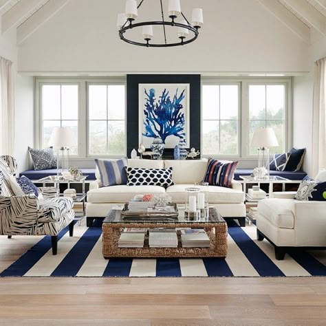 Hamptons Elegance in Navy (via Bloglovin.com ) Fan Embroidery, Coastal Style Living Room, Styl Hampton, Coastal Decorating Living Room, Furnitur Ruang Keluarga, Cottage Coastal, Embroidery Pillow, Living Room Decor Inspiration, Coastal Living Rooms