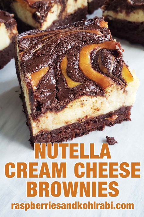 These Nutella cream cheese brownies start out with a fudgy Nutella brownie that is topped with a rich Nutella swirled cheesecake layer. Cream Cheese Filled Brownies, Swirled Cheesecake, Overwintering Geraniums, Nutella Cream Cheese, Restaurant Desserts, Nutella Cream, Nutella Brownie, Butter Desserts, Chocolate Peanut Butter Desserts