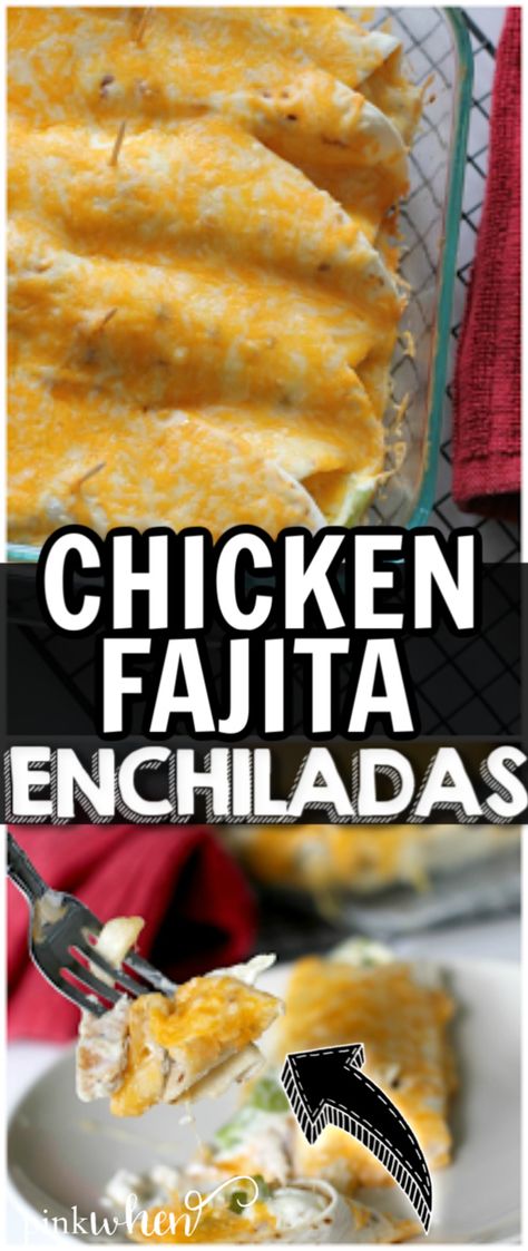 Chicken Fajita Enchiladas are a quick and easy 30-minute meal your whole family will enjoy. These easy fajita enchiladas are perfect for game day, a quick weeknight meal, or even Taco Tuesday. #chickenenchiladas #fajitaenchiladas Chicken Fajita Enchiladas Recipe, Fajita Enchiladas, Easy Chicken Enchilada Recipe, Fajita Chicken, 30 Minute Meals Easy, Chicken Fajita Recipe, Enchiladas Recipe, Chicken Entrees, Chicken Fajita