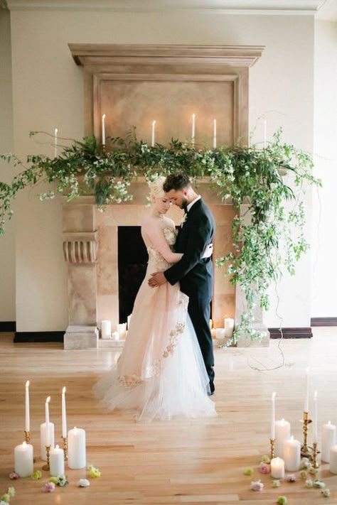 A fireplace is a cool thing for any wedding, and you can use it in various ways. First of all, it’s a great backdrop or altar, especially if you have ... Wedding Mantle, Ceremony Backdrop Indoor, Candles Reception, Wedding Fireplace, Fireplace Mantle Decor, Indoor Ceremony, Romantic Decor, Ceremony Backdrop, Garland Wedding