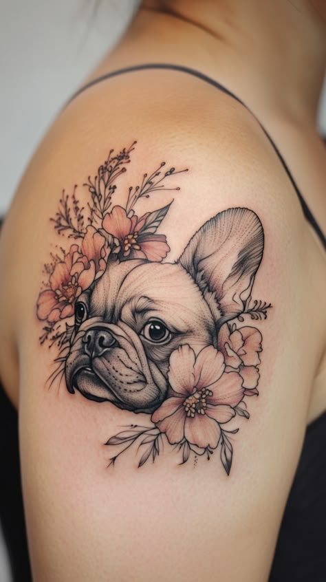 25 French Bulldog Tattoo Ideas: Celebrate Your Frenchie with Unique Designs - Smart Dog Learning Frenchies Tattoo, Dog Floral Tattoo, Dogs Tattoo Design, Boxer Tattoo Dog, Bloodhound Tattoo, Dog Tattoo Simple, French Bulldog Tattoos, Bulldog Tattoo Ideas, Frenchie Tattoos