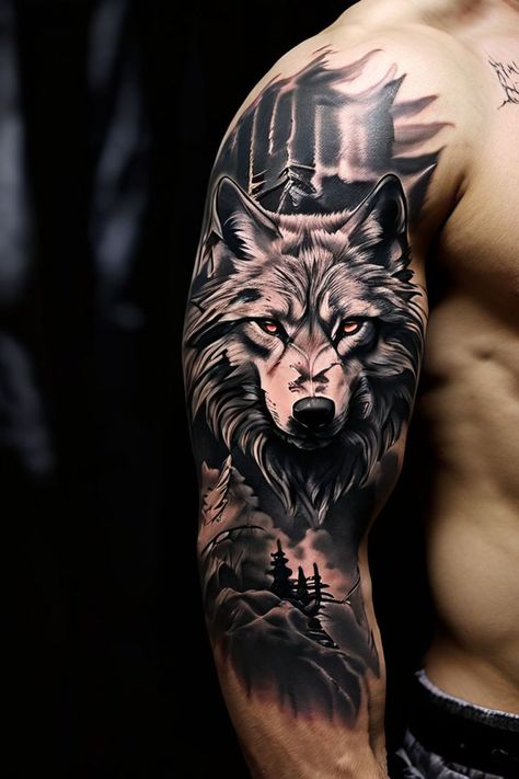 Wolf Drawing Tattoo, Shoulder Tats, Half Sleeve Tattoos Forearm, Idea Tattoo, Men Tattoo, Cool Arm Tattoos, Trash Polka Tattoo, Half Sleeve Tattoos For Guys, Wolf Tattoo Design