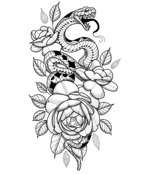 Snake Flower Tattoo Design, Floral Snake Tattoo, Petunia Tattoo, Snake And Flowers Tattoo, Cobra Tattoo, Snake Tattoo Design, Tattoo Templates, Ornamental Tattoo, Doodle Tattoo