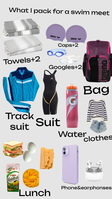 Swim Meet Bag Essentials, Swim Team Essentials, Swim Bag Essentials Competitive, Swimming Bag Essentials, Swimmer Girl, Water Clothes, School Routine For Teens, Swim Bag, Swim Practice