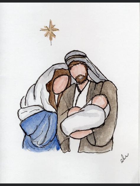 Manger Scene Watercolor, Christmas Drawing Jesus, Christmas Paintings Jesus, Christmas Nativity Drawing, Nativity Scene Drawing Simple, Watercolor Nativity Paintings, Christian Christmas Drawings, Jesus Birth Drawing, Watercolor Manger Scene