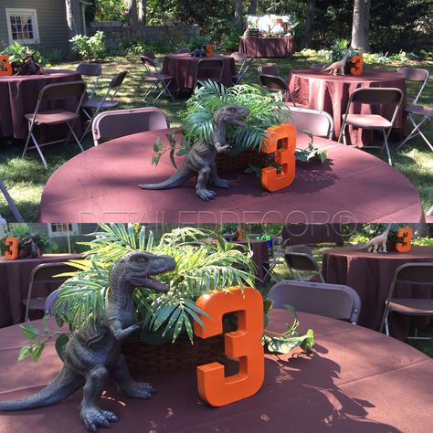 Jurassic World Birthday Centerpieces, Jurassic World Table Centerpieces, Dino Ranch Centerpieces, Dinosaur Themed Birthday Party Centerpiece, Jurassic World Party Centerpieces, Jurassic World Table Decorations, Dino Table Decorations, Diy Dinosaur Centerpieces Ideas, Jurassic Park Table Centerpieces