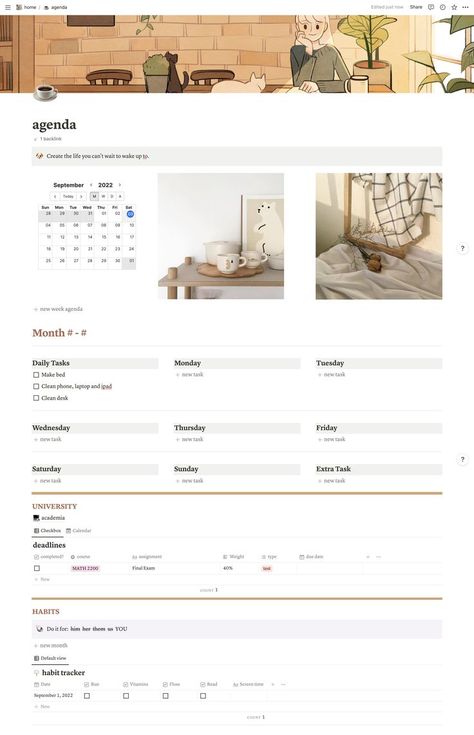 Notion Weekly Agenda, Learn Notion, Beige Notion, Notion Agenda, Pretty Templates, Notion Habit Tracker, Study Planner Free, Notion Tips, Notion Setup