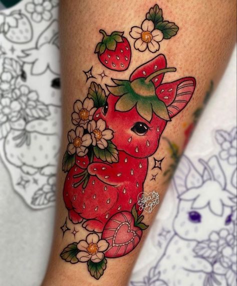 Strawberry Bunny, Strawberry Tattoo, Funky Tattoos, Bunny Tattoos, Mushroom Tattoos, Kawaii Tattoo, Cute Little Tattoos, Girly Tattoos, Nature Tattoos