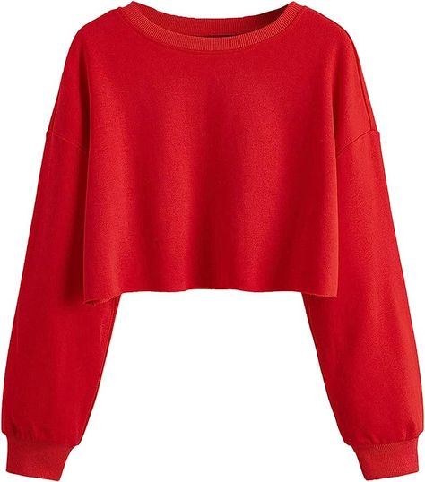 SweatyRocks Women's Casual Long Sleeve Raw Hem Pullover Crop Tops Sweatshirts at Amazon Women’s Clothing store Cute Red Sweatshirt Affordable, Casual Red Cropped Sweater For Winter, Trendy Red Long Sleeve Cropped Sweater, Casual Red Cropped Long Sleeve Sweater, Sporty Red Cotton Sweatshirt, Sweater Crop, Crop Top Sweatshirt, Crop Top Sweater, Amazon Women