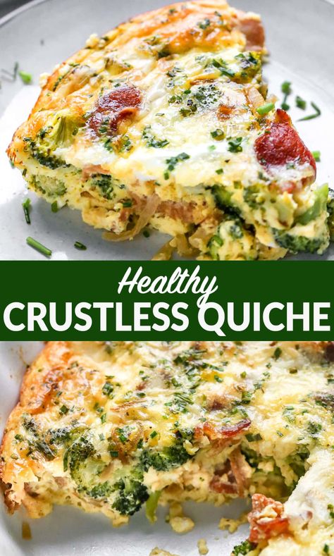 This easy, healthy crustless quiche has rich quiche flavor without the fuss of crust! Customize it with any vegetables or meat you like: broccoli, bacon, spinach, ham and cheese, or Lorraine. One of the best easy breakfast recipes! #quiche #lowcarb #keto Healthy Crustless Quiche, Crustless Broccoli Quiche, Quiche Easy, Broccoli Quiche Recipes, Quiche Recipes Crustless, Vegetable Quiche Recipes, Vegetarian Quiche Recipes, Egg Breakfast Recipes Easy, Broccoli Bacon