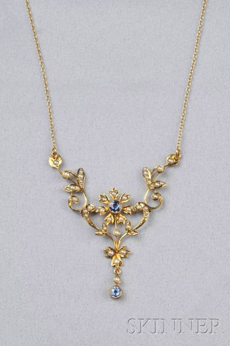 Sold at auction Art Nouveau 14kt Gold, Sapphire, and Seed Pearl Necklace, Birks for sale in auction. Auction Number 2529B, Lot Number 428. Bid on similar items for sale at auction Art Nouveau Jewelry Necklace, Antique Pendent, Ethereal Romantic, Victorian Jewellery, Choker Necklace Designs, Nouveau Jewelry, Edwardian Jewelry, Art Nouveau Jewelry, Handmade Wire Jewelry