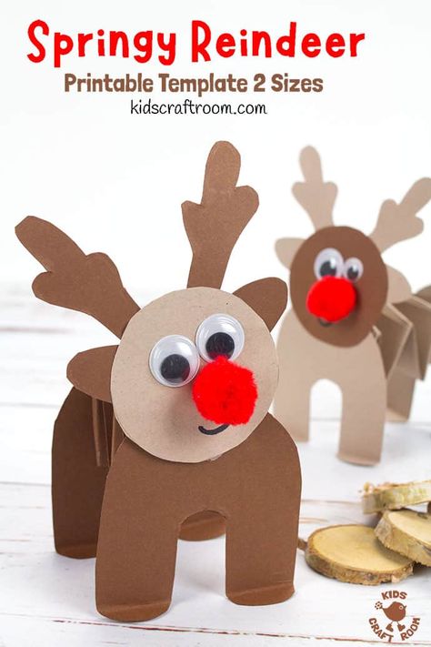 PRINTABLE ACCORDION PAPER REINDEER CRAFT - here's a fun springy printable reindeer kids will love to make and play with. This homemade paper reindeer toy has a simple but cleverly folded body that allows it to stand up and be walked along by little hands. The folds work like a spring so the reindeer can bounce up and down on their bottoms! So fun! The printable template comes in two different sizes. #kidscraftroom #kidscrafts #christmascrafts #reindeer #reindeercrafts #printablecrafts Reindeer Craft For Kids, Christmas Reindeer Craft, Paper Reindeer, Reindeer Crafts, Reindeer Printable, Homemade Paper, Kids Craft Room, Reindeer Craft, Shiny Brite Ornaments