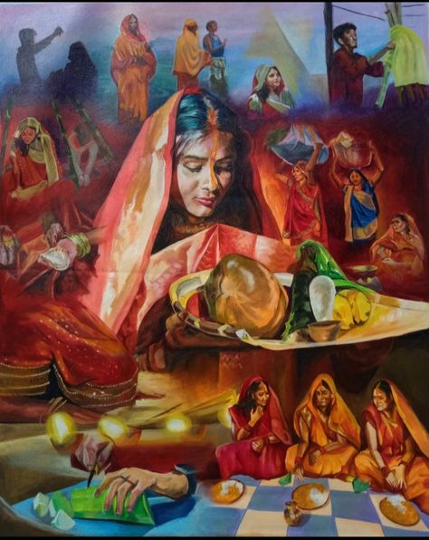 This is a painting titled "Chhath Puja". "Chhath Puja is famous among the Indian states of Bihar , Jharkhand and Uttar Pradesh." This is not a festival, it's an emotion of the Bihari people. Chhath Puja Drawing Sketch, Chhath Puja Painting, Festival Composition Painting, Chhath Puja Drawing, Poster On Indian Culture, Indian Art Paintings Traditional, Composition Sketching, Bhagwan Drawing, Chat Puja