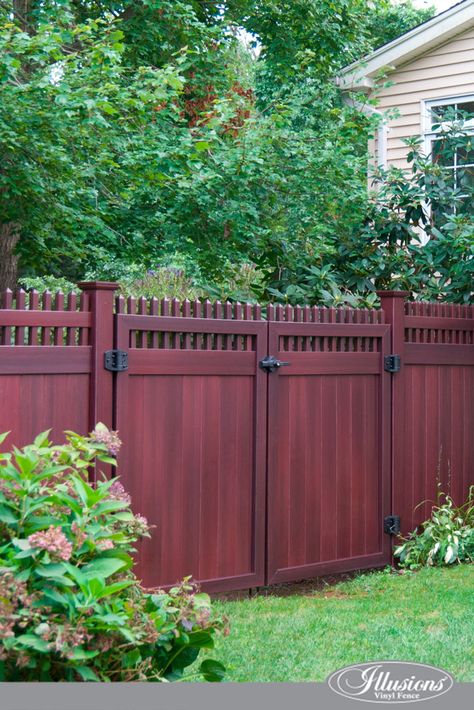 Check out these gorgeous Mahogany PVC Vinyl Illusions Fence Matching Drive Gates. #fenceideas Dark Wood Fence, Wood Grain Vinyl Fence, Eastern White Cedar, Vinyl Fence Panels, Vinyl Privacy Fence, Watercolor Wallpaper Iphone, Privacy Fence Designs, Backyard Privacy, Wallpaper Iphone Summer