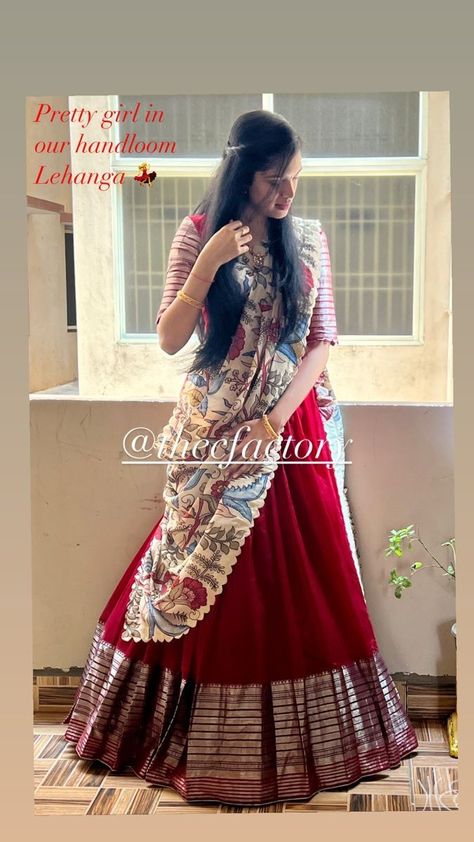 New Gown Designs 2022 Latest, Latest Model Lehenga Designs, Latest Langa Voni Models, Kalamkari Voni Half Saree, Half Saree Lehenga Kalamkari, Mangalgiri Pattu Dresses Designs, Latest Langa Blouse Designs, Mangalgiri Pattu Long Frocks, Pattu Lahenga Design Latest