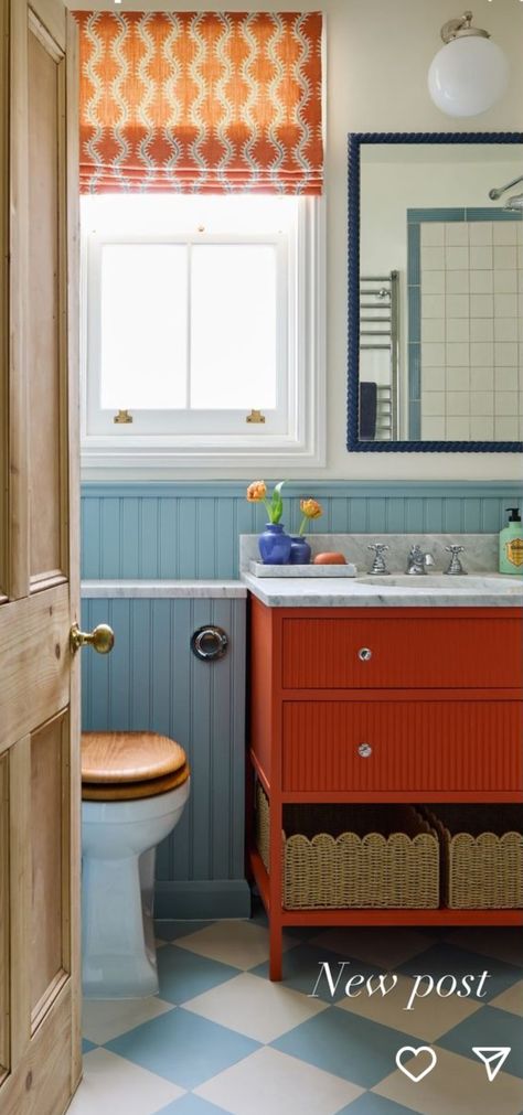 Primary Color Bathroom, Red Bathroom Tiles, Orange And Blue Bathroom, Colourful Bathroom Ideas, Yellow Tile Bathroom, Colourful Bathroom, Kid Bathroom, Upholstered Bench Seat, Blue Bathroom Tile