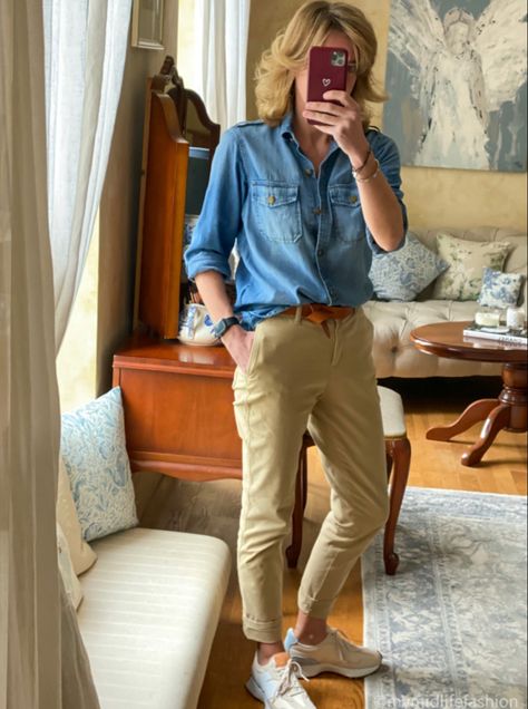 How to wear chinos with a denim shirt & trainers . . . #ootd #wiw #lotd #over40 #over40fashion #fashion #midlifestyle #over40style #midlife #whattowear #howtostyle #style #stylingtips #styleover40 #fashionover40 #timelessfashion #effortlessstyle #everydaystyle #ideasonwhattowear What To Wear With Chinos Women, How To Style Chinos Women, Womens Chino Outfits, Navy Chinos Women Outfit, Beige Chinos Women Outfit, Chino Outfit Women, Gem Clothes, Chinos Outfit Women, Chinos Women Outfit