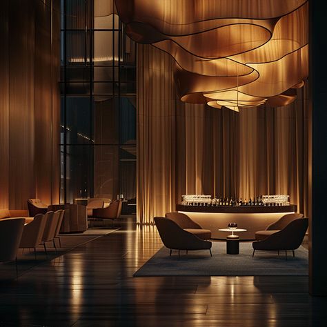 Speakeasy Lighting, Vip Lounge Design Luxury, Modern Speakeasy, Golden Ceiling, Theatrical Lighting, High Ceiling Lighting, Luxury Hotels Lobby, Luxury Club, Lodge Hotel