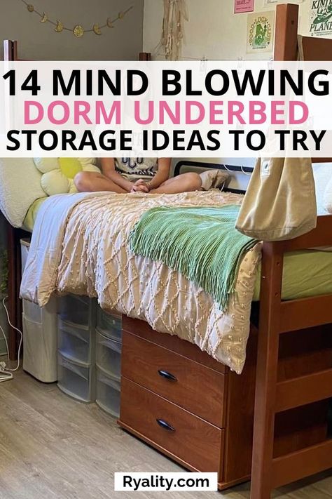 This is the best list of under bed dorm storage ideas I've seen! Dorm Under Bed Storage, Under Bed Storage Ideas, Dorm Storage Ideas, Bed Storage Ideas, Lofted Dorm Beds, College Dorm Organization, Boys Dorm Room, College Dorm Room Essentials, Dorm Room Bedding