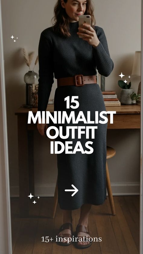 Minimalist outfit ideas,Woman in belted knit dress minimalist outfit Clean Minimalist Outfit, Minimal Outfits For Women, Hippie Boho Outfits, Minimalist Outfit Ideas, Silk Skirt Outfit, Minimalist Wardrobe Essentials, Neutral Outfit Ideas, Satin Skirt Outfit, Cut Blazer