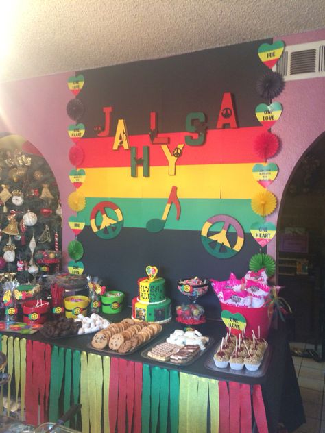 One love one heart Reggae birthday party! Jamaica Party Decorations, Jamaica Decorations Parties, Jamaica Themed Party, One Love Theme Party, Jamaica Party, Juneteenth Party Decor Ideas, Jamaican Decorations Party, Jamaican Birthday Party Ideas, Reggae Party Ideas Decoration