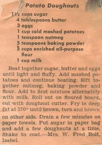 Potato Donuts 1934, Potato Doughnuts Recipes, Potato Donuts Recipe, Potato Donuts, Homemade Donuts Recipe, Handwritten Recipes, Homemade Donuts, Doughnut Recipe, Sweet Rolls