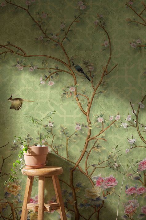 Green Chinoiserie Wallpaper, Wallpaper Cherry Blossom, Cherry Blossom Tree Branch, Wallpaper With Birds, Chinoiserie Flowers, Tree Branch Wallpaper, Branch Wallpaper, Green Chinoiserie, Birds Wallpaper