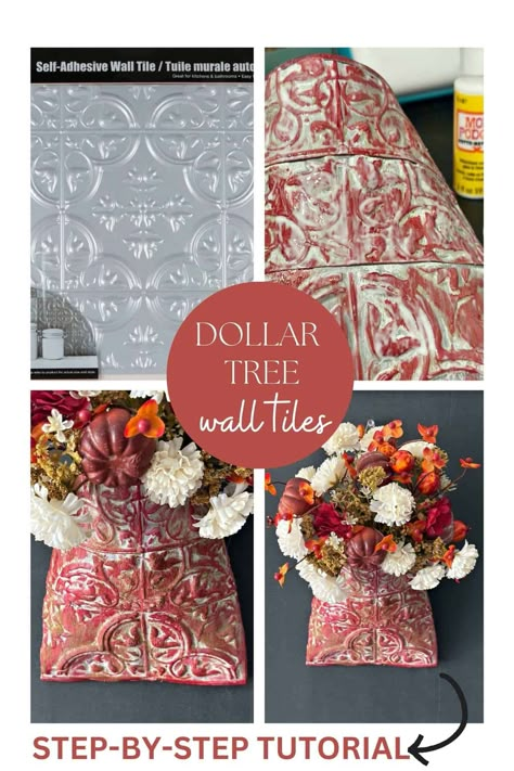 Tin Can Valentine Ideas, Dollar Tree Metal Tags Diy, Painting Dollar Tree Wall Tiles, Dollar Tree Wall Tiles Crafts, Tin Ceiling Tile Crafts, Dollar Tree Tiles Ideas, Tin Can Wall Pocket, Dollar Tree Faux Tin Tile Crafts Christmas, Dollar Tree Tile Diy