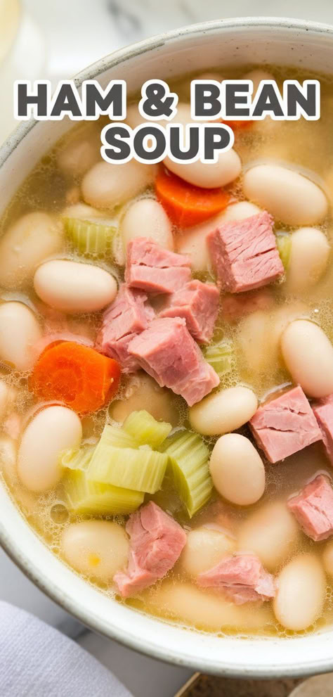 Ham and Bean Soup – Cozy up with a bowl of ham and bean soup! Filled with smoky ham, tender beans, and veggies, this soup is hearty, flavorful, and perfect for chilly days. Bean And Ham Soup Recipes Crock Pot, Lima Beans And Ham Soup, Ham Lima Bean Soup, Simple Bean Soup, Lima Bean Soup Recipes Ham Bone, Ham And Lima Bean Soup Recipes, Ham And Great Northern Bean Soup Recipes, Ham Chili Recipe, Bean Soup Recipes With Ham Bone