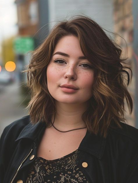 Shaggy Lob With Face Framing, Collarbone Length Hair Plus Size, Lob On Plus Size Woman, Fun Haircuts For Women Round Faces, Short Haircuts For Women Plus Size, Haïr Style For Fat Face, Flattering Haircuts For Plus Size, Short Hair Chubby Girl, Round Face Big Forehead Haircuts