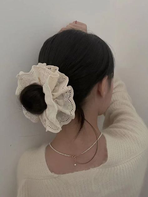 Beige  Collar  Polyester   Embellished   Women Accessories Scrunchies Hairstyles, Cool Scrunchies, Hair Jewerly, Hair Ties Diy, Diy Hair Scrunchies, Ribbon Hairstyle, Hair Hoops, Elastic Hair Bands, Ponytail Holders