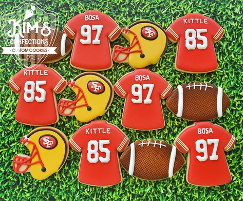 49ers Cookies Decorated, 49er Jersey, Jersey Cookies, Super Bowl Cookies, Football Ideas, 49ers Fans, Sugar Cookie Designs, Kc Chiefs, Cookies Decorated