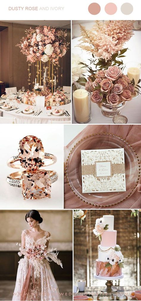 dusty rose, rose gold and ivory luxury wedding party ideas Rose Gold Color Combinations, Ivory And Rose Gold Wedding, Rose Gold Wedding Cake, Wedding Rose Gold Theme, Dusty Rose Wedding Colors, Elegant Wedding Colors, Modern Wedding Theme, Rose Gold Wedding Decor, Rose Gold Theme