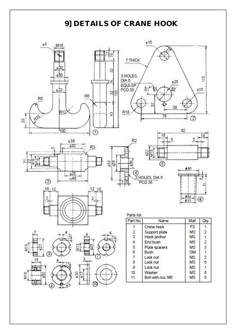 Assembly and Details machine drawing pdf Mechanical Engineering Projects, Crane Hook, Autocad Isometric Drawing, Machine Drawing, Solidworks Tutorial, Mechanical Projects, Mechanical Engineering Design, Drawing Machine, Drawing Sheet