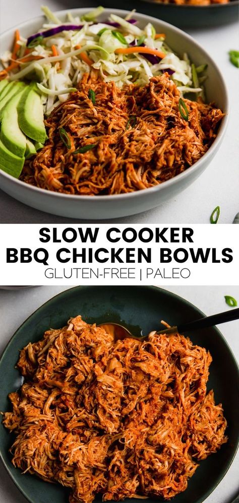 These shredded BBQ chicken bowls let the slow cooker do the heavy lifting and are made with easy no-cook sides! They’re paleo, gluten-free, and can be made AIP. Shredded Bbq Chicken Bowl, Crockpot Meals Dairy Free Gluten Free, Paleo Meals For A Crowd, Healthy Shredded Bbq Chicken Crockpot, Healthy Shredded Chicken Recipes Crockpot, Paleo Bbq Chicken Bowls, Bbq Chicken Crockpot Healthy, Bbq Chicken Bowls Whole 30, Slow Cooker Shredded Bbq Chicken