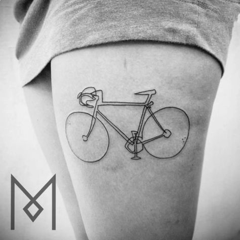 Minimalistic bicycle tattoo by Mo Ganji #moganji #bicycle #bicycletattoo #minimalistic #simple #fineline #linework #blackwork Runner Tattoo, Cycling Tattoo, Continuous Line Tattoo, Bike Tattoo, Gear Tattoo, Mo Ganji, Simple Bike, Bicycle Tattoo, Linework Tattoo