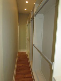 Organizing Basement, Long Narrow Closet, Narrow Closet Organization, Narrow Walk In Closet, Narrow Closet Design, Closet Behind Bed, Remodel Closet, Narrow Closet, Organizing Walk In Closet