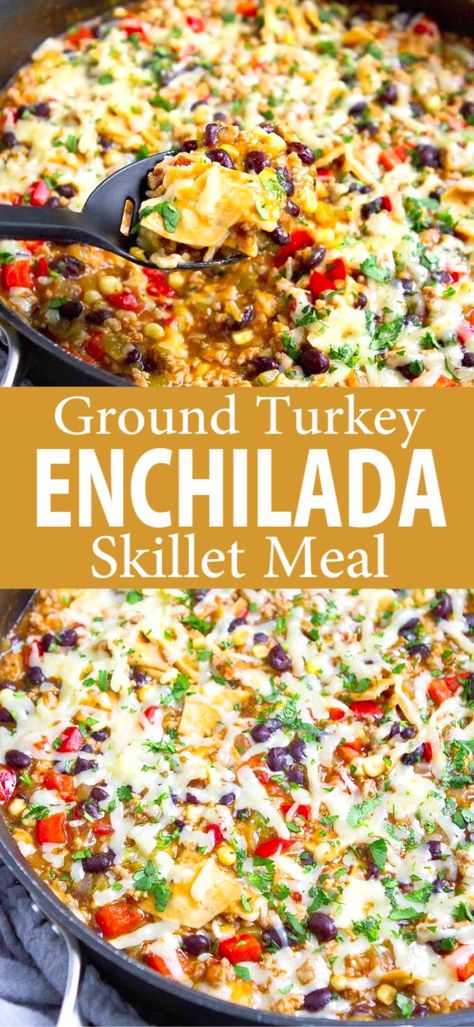 This one-pot Ground Turkey Enchilada Skillet Meal got rave reviews all around from my family. This will be a regular at our dinner table, for sure! 375 calories and 6 Weight Watchers SP | Healthy | Recipe | Easy | One Pot | One Pan | Green #groundturkey #enchiladas #onepotmeal #onepanmeal #healthydinners #wwrecipes #smartpoints Ground Turkey Enchiladas, Ground Turkey Recipes Easy, Enchilada Skillet, Healthy Turkey Recipes, Ground Turkey Recipes Healthy, Turkey Enchiladas, Healthy Ground Turkey, Healthy Turkey, Turkey Dinner