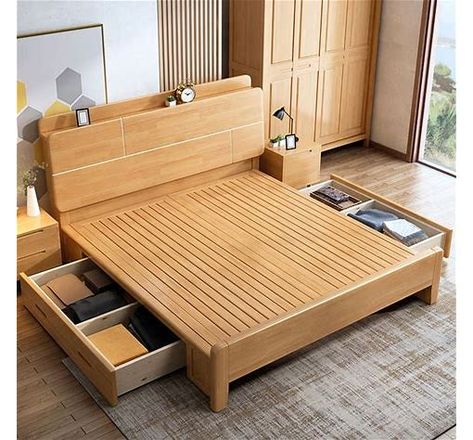 Scandinavian Solid Wood Bed with Headboard 39.37" Tall Standard Bed - Queen Pull-Out Storage Single Bed - Search Shopping Modern Luxury Bedroom Furniture, Scandinavian Bed, Hall Tree Storage Bench, Bed Designs With Storage, Bed Base Frame, Headboard Shapes, King Style, Solid Wood Bed Frame, Wood Bed Design